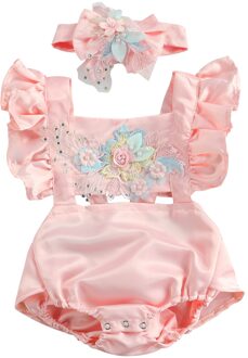 Mooie Baby Meisjes Zomer Rompertjes Peuter Prinses Meisjes Borduren Parel Bloem Romper Jumpsuits Hoofdband Sunsuits Outfits 0-18M Roze / 18m
