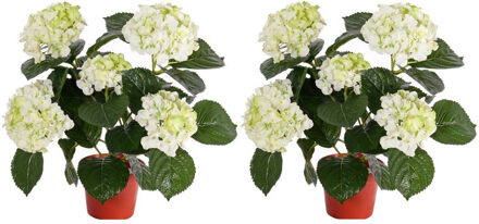 Mooie kunstplant met bloemen - 2x - Hortensia - creme wit - H36 cm - Dia 10 cm