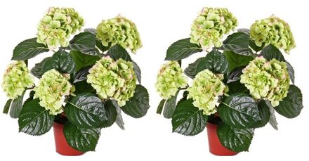 Mooie kunstplant met bloemen - 2x - Hortensia - roze - H36 cm - Dia 10 cm