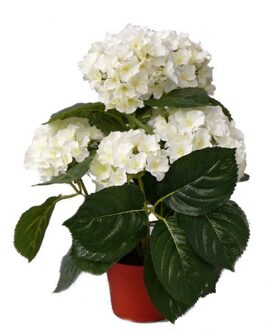 Mooie kunstplant met bloemen - Hortensia - wit - H36 cm - Dia 10 cm