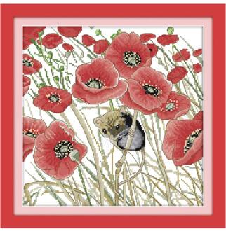 Mooie Poppy Field Bloemen Bloeien Moderne Minimalistische Kleine Slaapkamer Decor Kruissteek Kit Schilderij Poppy En Muis Illustratie 11CT onbedrukt