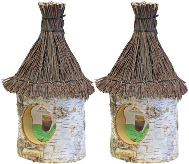 Moon 2x stuks vogelhuisje/voederhuisje/pindakaashuisje berkenhout met rieten/tenen dak 36 cm - Vogelhuisjes Bruin