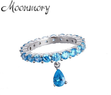 Moonmory Hot Sale 925 Sterling Silver Wedding Ring With Blue Stone Fashion Drop Water CZ Ring For Women Wholesale Jewelry