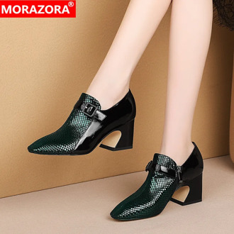 MORAZORA New Brand high heels shoes woman genuine leather women pumps buckle fashion square toe dress shoes big size 33-43
