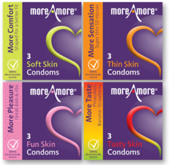Moreamore Condooms 4 X 3 Surprise Pack - 53 (omtrek 11-11,5 cm), 56 (omtrek 11,5-12 cm)