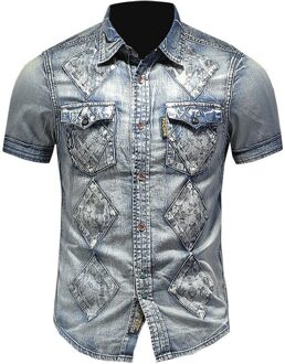 Moruancle Mannen Bloemen Vintage Denim Shirts Retro Jeans Shirt Zomer Korte Mouw Bloem Tops Gewassen Blauw Xxxl