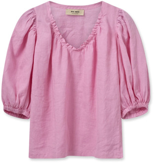 Mos Mosh Vrouwelijke linnen blouse met pofmouwen MOS Mosh , Pink , Dames - M,S,Xs