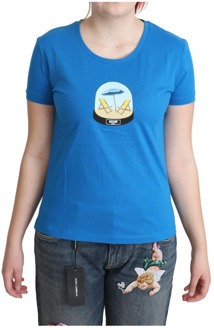 Moschino Blauw Bedrukt Katoenen Korte Mouwen T-shirt Moschino , Blue , Dames - M,S,Xs