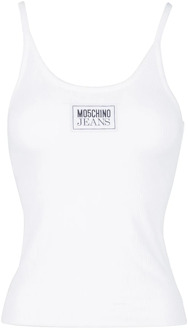 Moschino Katoenen Ribtop met Geborduurd Logo Moschino , White , Dames - M,Xs