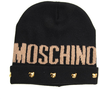Moschino Logo Hoed met Opgestikte Manchetten en Contrastdetails Moschino , Black , Dames - ONE Size