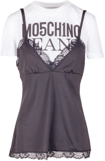 Moschino T-shirt met contrasterend logo en kanten detail Moschino , Black , Dames - M,S