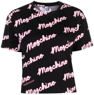 Moschino Zwart Logo Allover T-shirt Moschino , Black , Dames - M,Xs