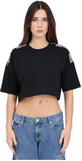 Moschino Zwart Logo T-shirt met Crop Snit Moschino , Black , Dames - L,M,S,Xs