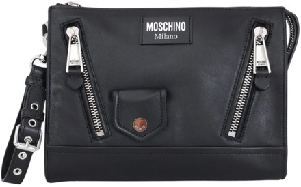 Moschino Zwarte leren tas met zilveren metalen ritsen Moschino , Black , Dames - ONE Size