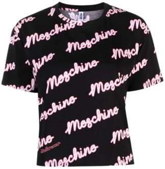 Moschino Zwarte Logo Print Stretch Katoenen T-shirt Moschino , Multicolor , Dames - L,M,S,Xs