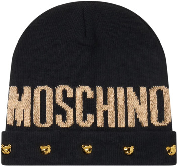 Moschino Zwarte Wollen Beanie Muts met Logo Moschino , Black , Dames - ONE Size