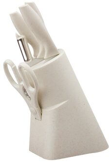 Mosodo 6Pcs Keukenmes Set Rvs Messen Blok Set Koksmes Keuken Scharen Dunschiller Bestek Set Gebruiksvoorwerp Gadget gereedschap Beige