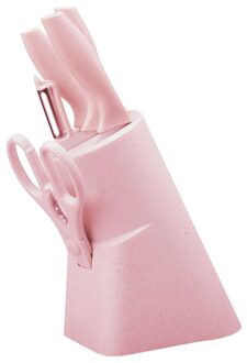 Mosodo 6Pcs Keukenmes Set Rvs Messen Blok Set Koksmes Keuken Scharen Dunschiller Bestek Set Gebruiksvoorwerp Gadget gereedschap roze