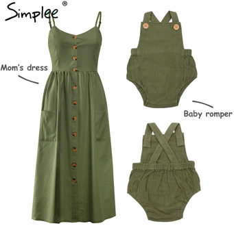 Mother and kids casual button dress Solid matching mom baby family clothes outfits cotton dress Cute baby romper summer dress