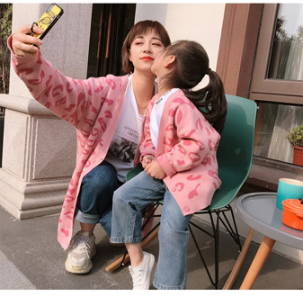 Mother & Daughter Knitted Sweater Cardigan Jacket Parent-Child Leopard Printing Knitwear Family Clothes Kids Cotton Sweaters P84