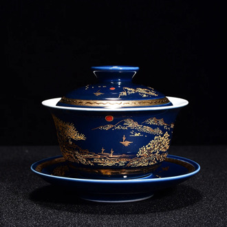 mountain-river print porcelain tureen blue glaze ceramic gaiwan covered bowl with cup saucer lid on sales