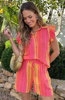 Mousseline Kelim Print Ruffle Top Neon Geel/Oranje/Roze