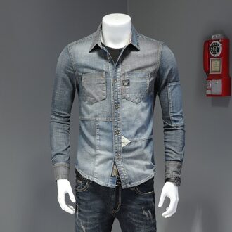 Mouw Denim Shirt Lange Mannen Casual Sociale Slim Fit Katoenen Kleding XXXL