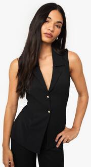 Mouwloos Gilet Met Crinkle-Gouden Knoopdetail, Black - 36
