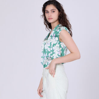 Mouwloze blouse met brede platte kraag en macro bloem afdrukken Groen