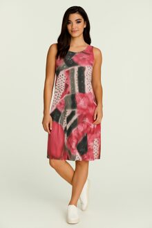 Mouwloze midi-jurk – abstracte rode print, transparant nylon mesh, volledig gevoerd met katoen Veelkleurig