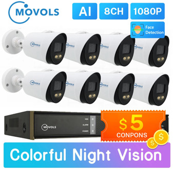Movols 2MP AI Colorful Night Vision CCTV Kit H.265+ Waterproof Video Surveillance System 8CH DVR 8PCS/4PCS Security Camera Set