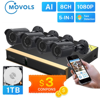 Movols 8CH AI CCTV Camera System 4PCS 2MP Outdoor Weatherproof Security Camera DVR Kit H.265 Home Video Surveillance System