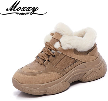 Moxxy 2020 Women Chunky Sneakers Casual Beige Khaki Dad Platform Sneakers Women Shoes Lace Up Warm Fur Plush Winter Sneakers