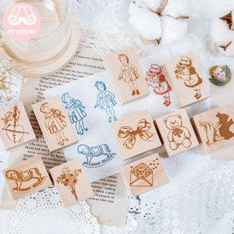 Mr Paper 10Designs Retro Cupid Flower Series Seal Wooden Rubber Stamps Set for Scrapbooking Deco Craft Planet Star Wooden Stamps