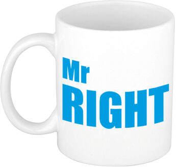 Mr right cadeau mok / beker wit met blauwe blokletters 300 ml - feest mokken