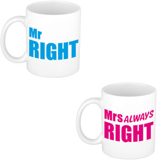 Mr right en mrs always right cadeau mok / beker wit met blauwe / roze blokletters 300 ml - feest mokken