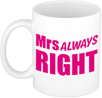 Mrs always right cadeau mok / beker wit met roze blokletters 300 ml - feest mokken