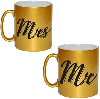 Mrs and Mr bruiloft / bruidspaar cadeau koffiemok / theebeker goud 330 ml - feest mokken Goudkleurig
