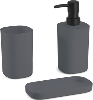 MSV Badkamer accessoires set 3-delig Lona - Kunststof - Donkergrijs - Zeeppompje/beker/schaaltje - Badkameraccessoireset