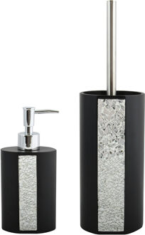 MSV Badkamer accessoires set Luanda - zwart/zilver - zeeppompje/wc-borstel - Badkameraccessoireset