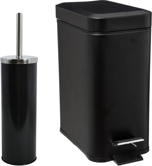 MSV Badkamer accessoires set - zwart - metaal - pedaalemmer 5L en toiletborstel in houder