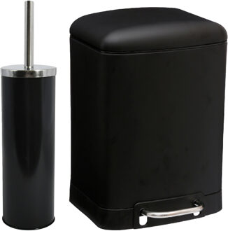 MSV Badkamer accessoires set - zwart - metaal - pedaalemmer 6L en toiletborstel in houder