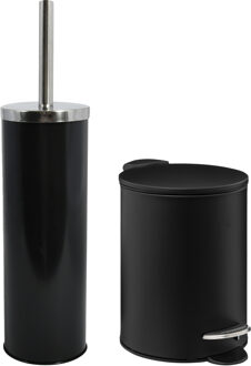 MSV Badkamer accessoires set - zwart - metaal - pedaalemmer/wc-borstel
