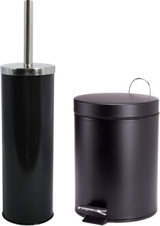 MSV Badkamer accessoires set - zwart - pedaalemmer/wc-borstel
