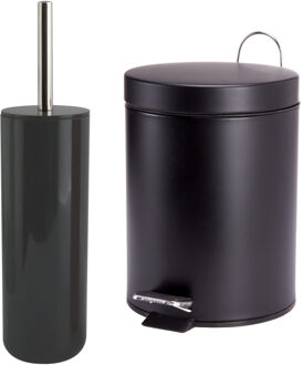 MSV Badkamer accessoires set - zwart - pedaalemmer/wc-borstel
