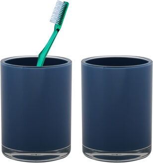 MSV Badkamer drinkbeker/tandenborstelhouder Aveiro - 2x - PS kunststof - donkerblauw - 7 x 9 cm