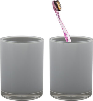 MSV Badkamer drinkbeker/tandenborstelhouder Aveiro - 2x - PS kunststof - lichtgrijs - 7 x 9 cm