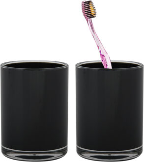 MSV Badkamer drinkbeker/tandenborstelhouder Aveiro - 2x - PS kunststof - zwart - 7 x 9 cm