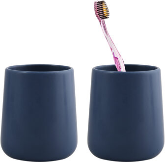 MSV Badkamer drinkbeker/tandenborstelhouder Malmo - 2x - Keramiek - donkerblauw - 8 x 10 cm