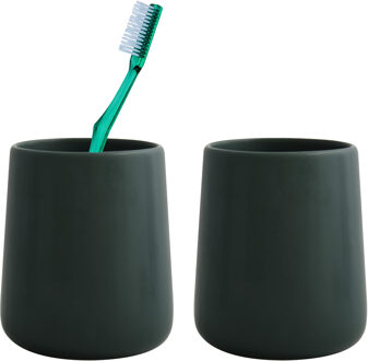 MSV Badkamer drinkbeker/tandenborstelhouder Malmo - 2x - Keramiek - donkergroen - 8 x 10 cm